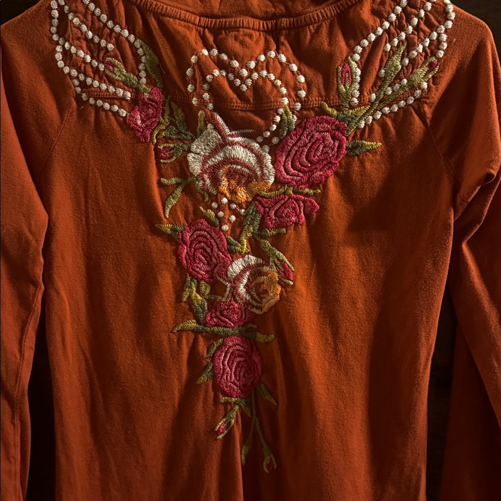 JWLA, Johnny Was, Orange Embroidered V-Neck Long Sleeve Top, Size Small - Picture 4 of 8